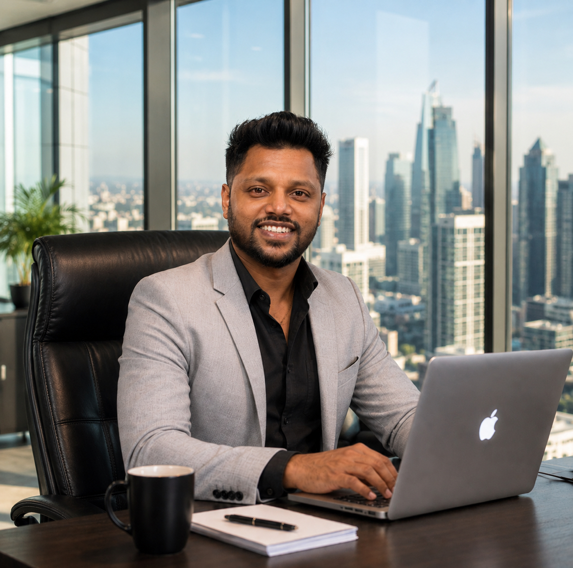 Founder of MKS BIZZ working at a desk overlooking a city skyline